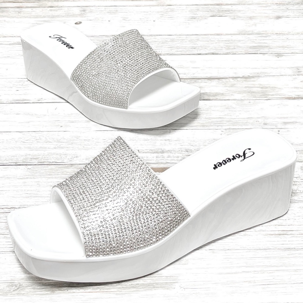 Forever 21 White Wedge Slide Sandals with Silver Crystal Strap